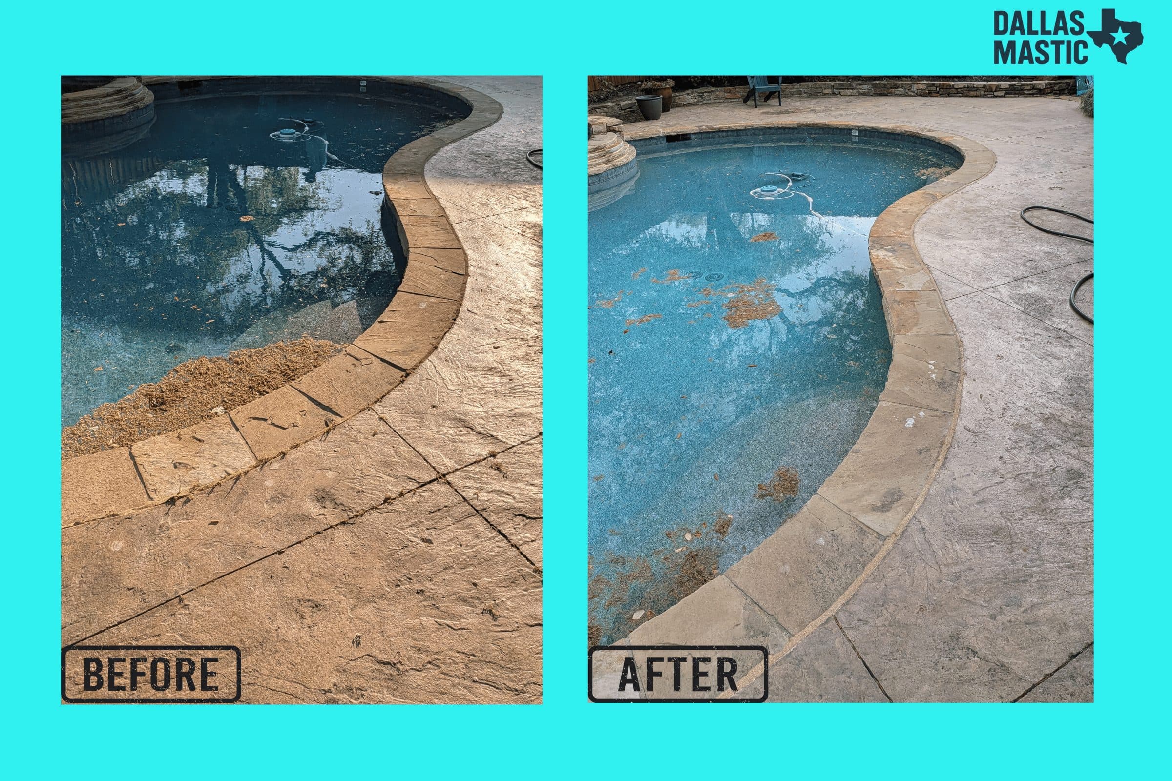Before and after pool mastic replacement project in Dallas, Texas with a warm tan finished joint line