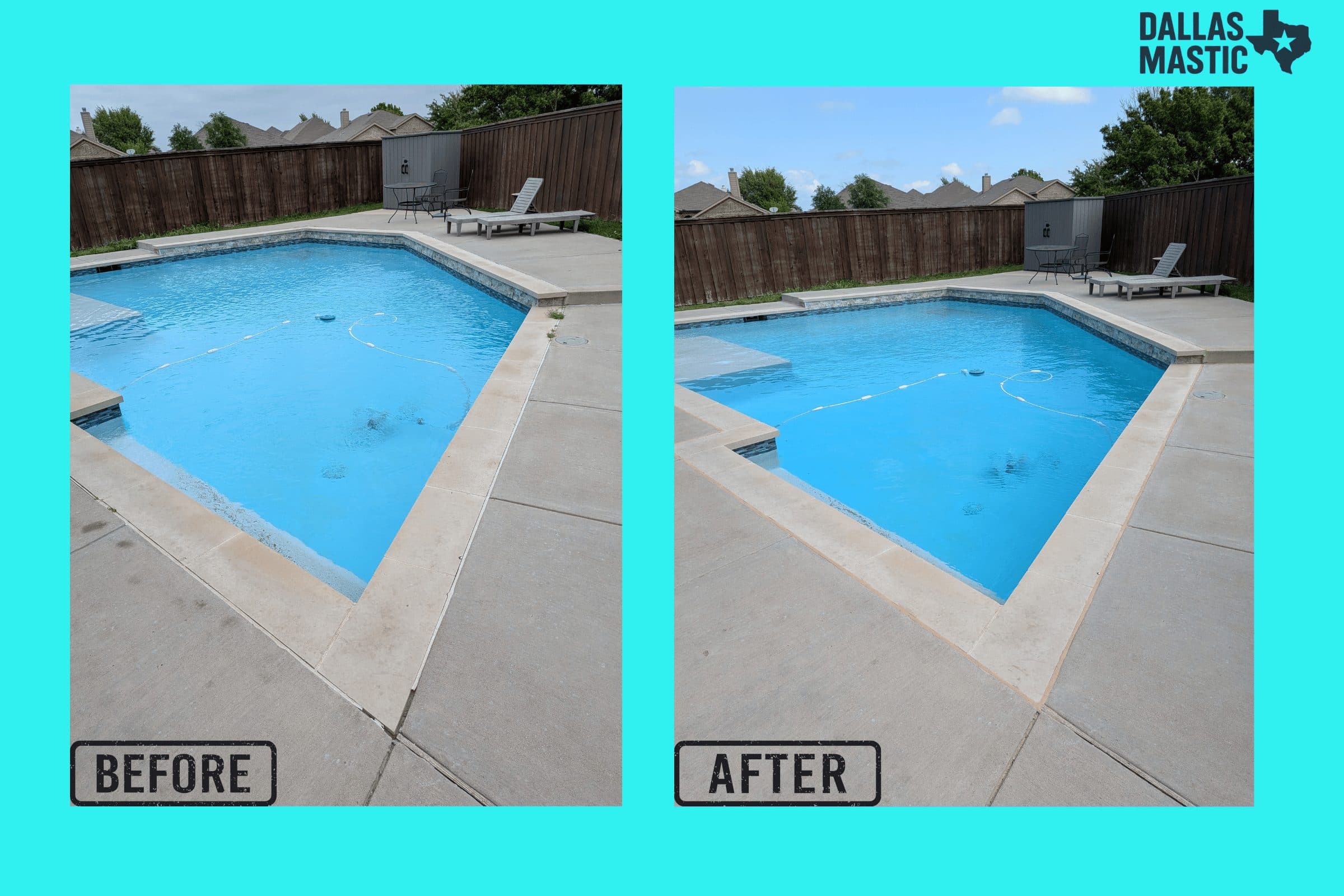 Before and after pool mastic replacement project in Forney, Texas with an off-white sand-finish joint line