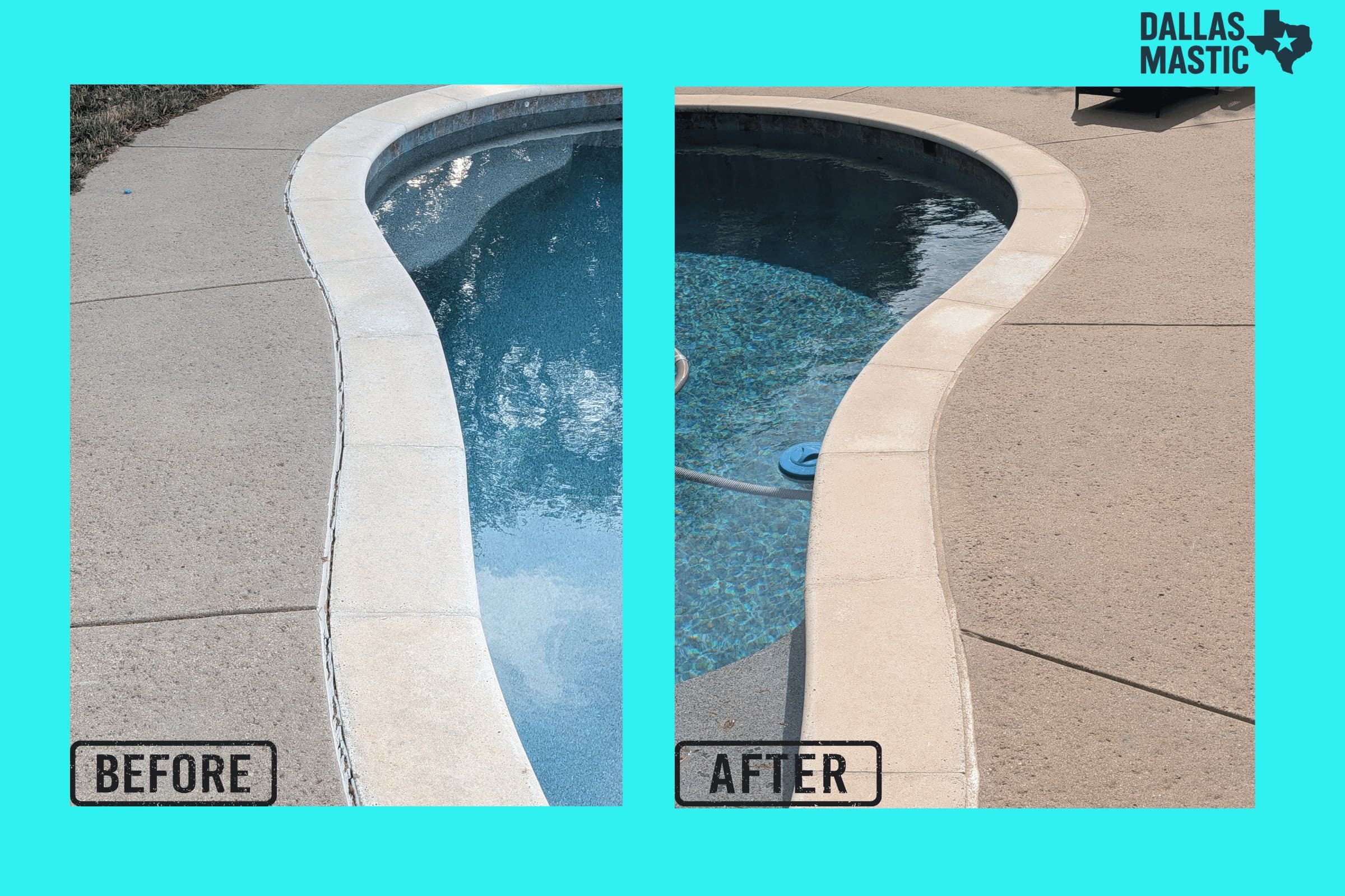 Before and after pool mastic replacement project in Fort Worth, Texas with an off-white sand-finish joint line