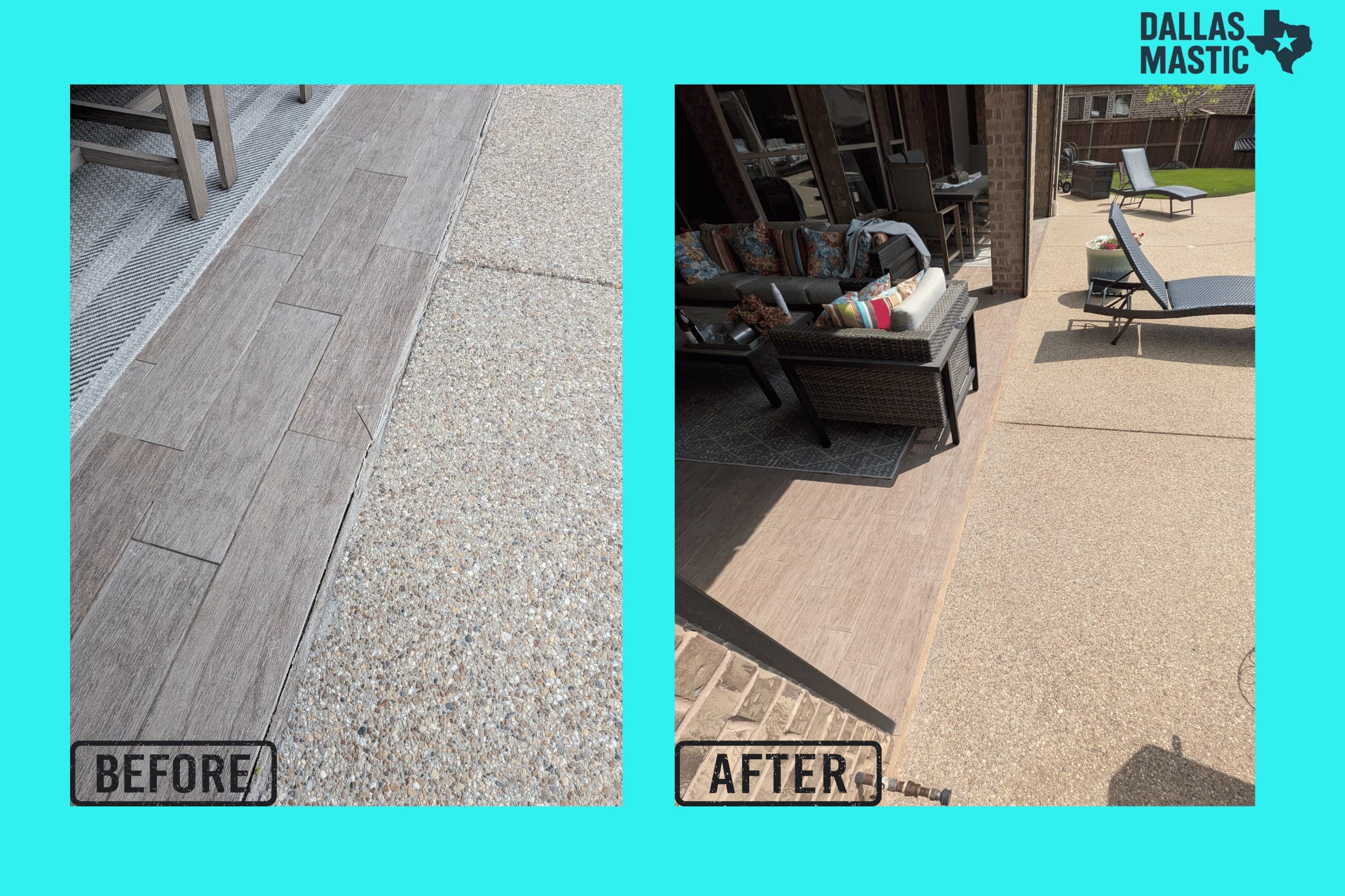 Before and after pool mastic replacement project in Keller, Texas with a tan sand-finish joint line