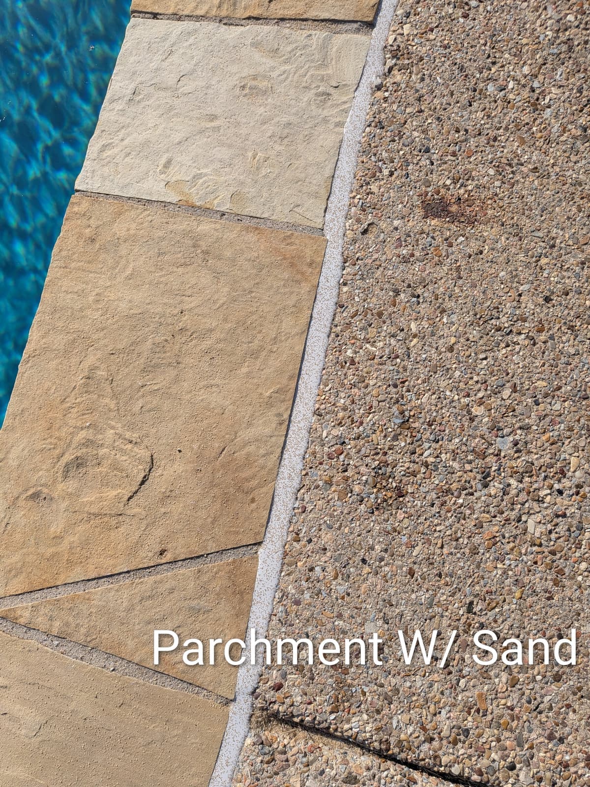 Sika Parchment with Sand pool mastic sealant color example on flagstone coping with exposed aggregate deck — textured sand finish