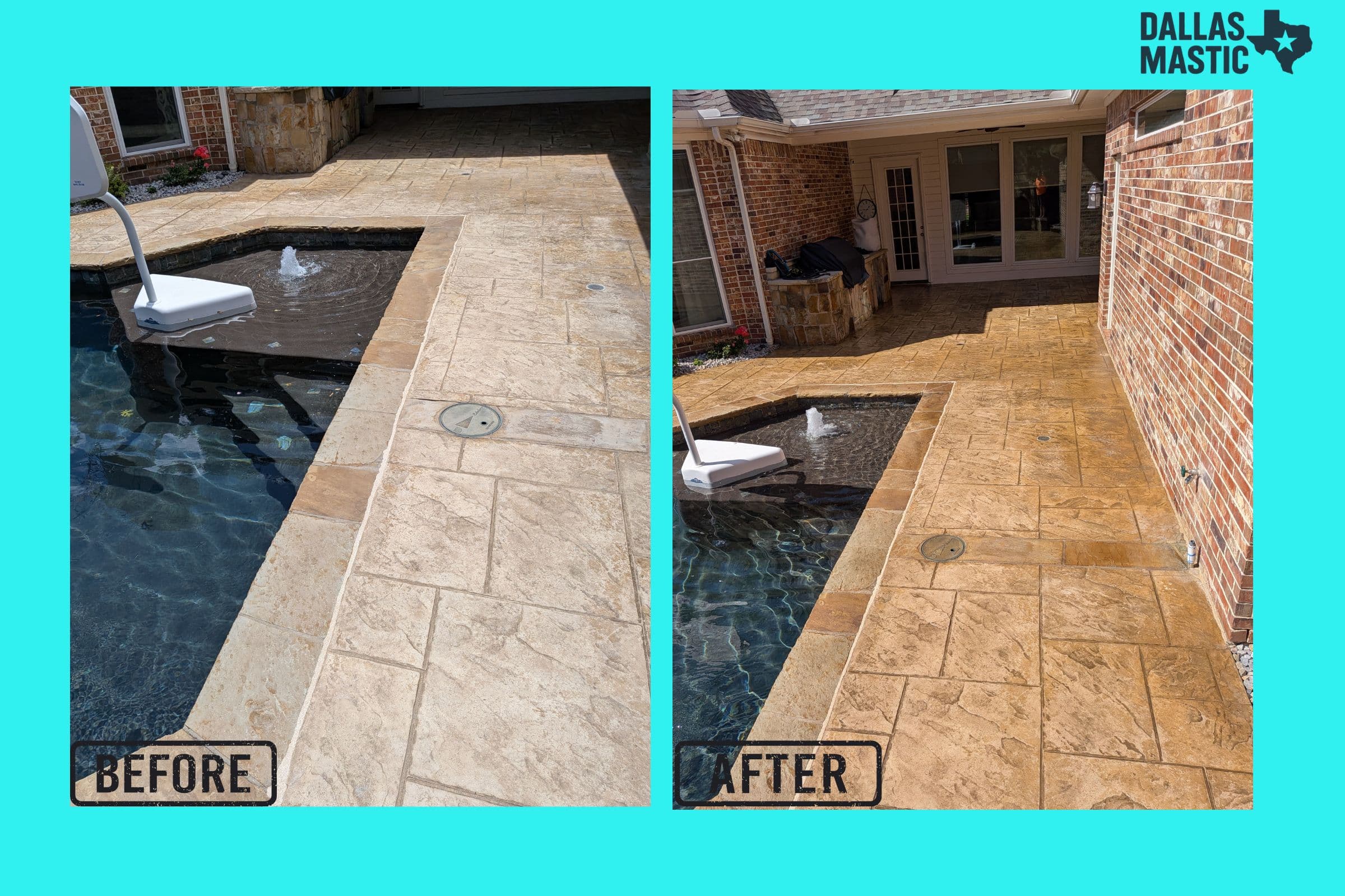 Before and after stamped concrete pool deck sealing in Dallas-Fort Worth