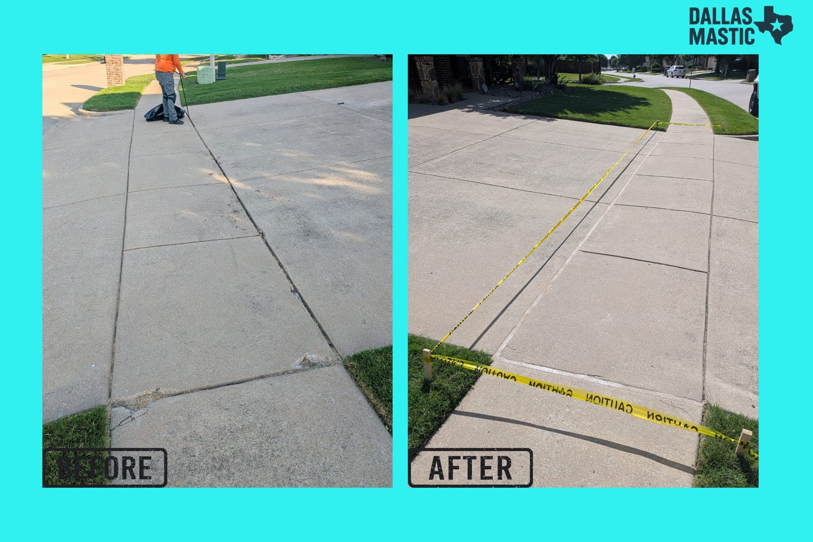 Before and after of an open, dirt-filled concrete expansion joint sealed with fresh flexible sealant on a Dallas-Fort Worth driveway